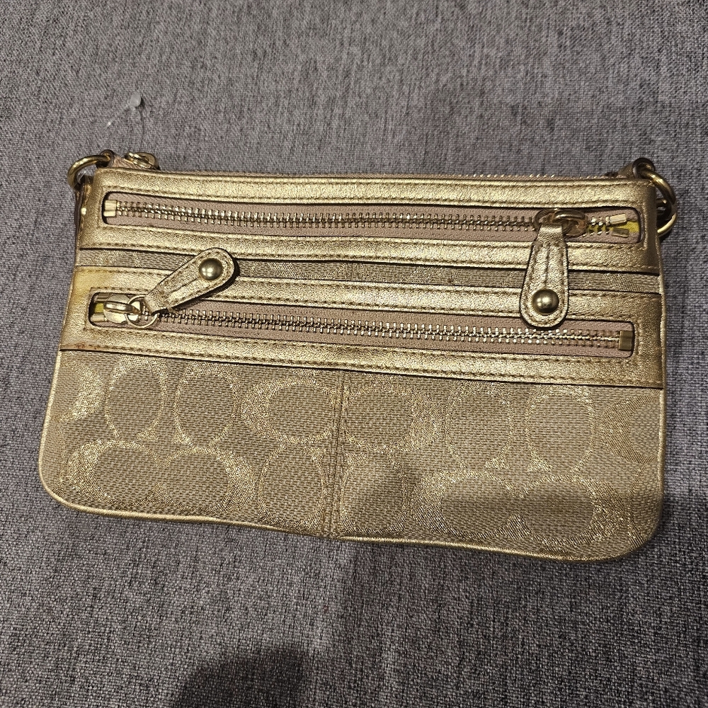 Coach Signature Lurex Wristlet Wallet Brass/Gold Metallic 3 zippers.